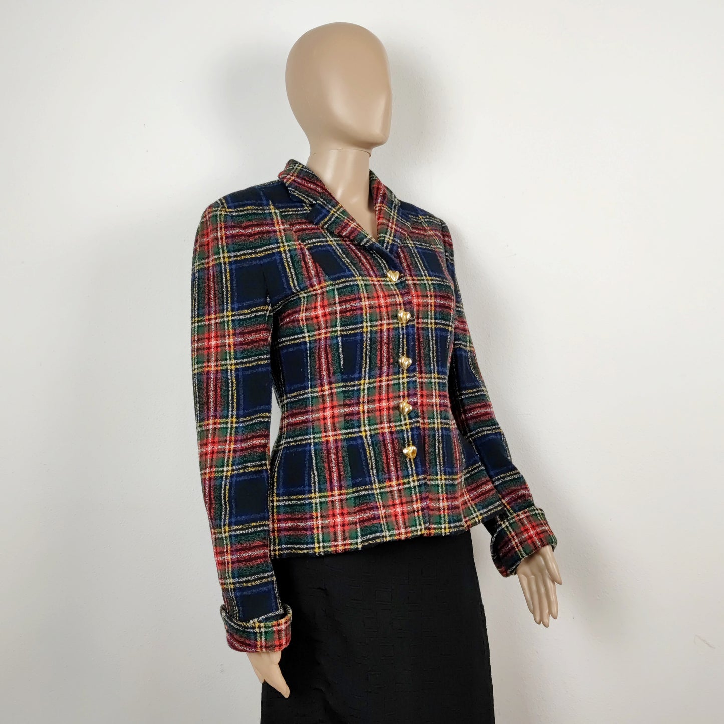 Blazer Moschino couture tartan bottoni cuore oro