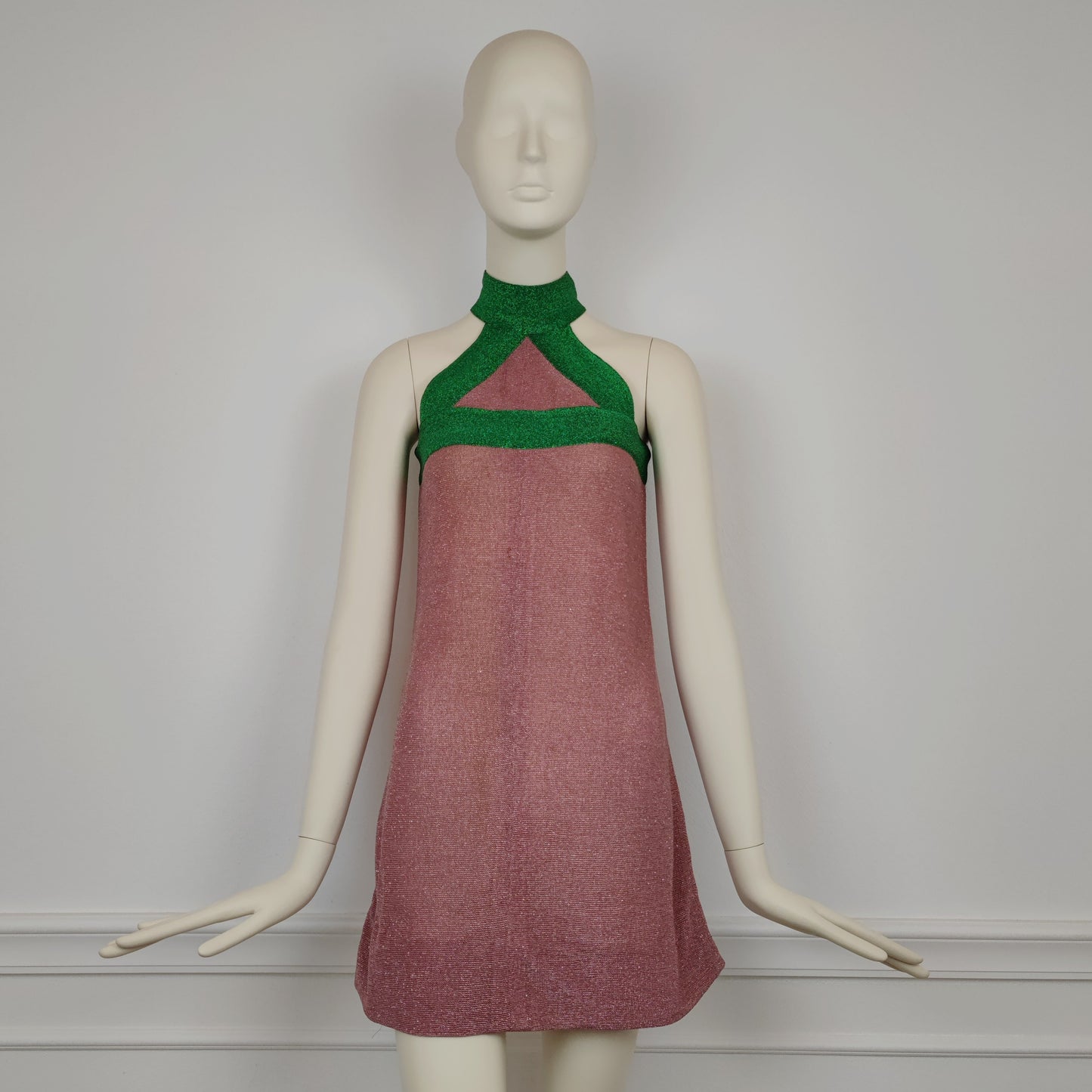 Mini abito Missoni Emmanuelle Khanh 1966 lurex verde e rosa