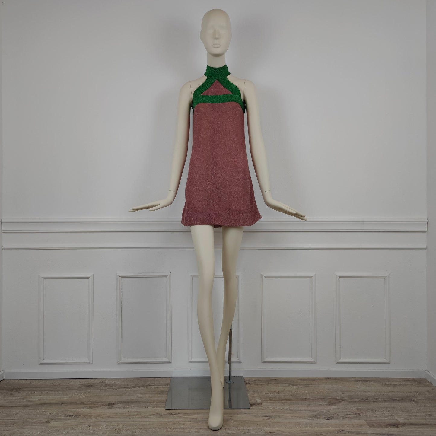 Mini abito Missoni Emmanuelle Khanh 1966 lurex verde e rosa