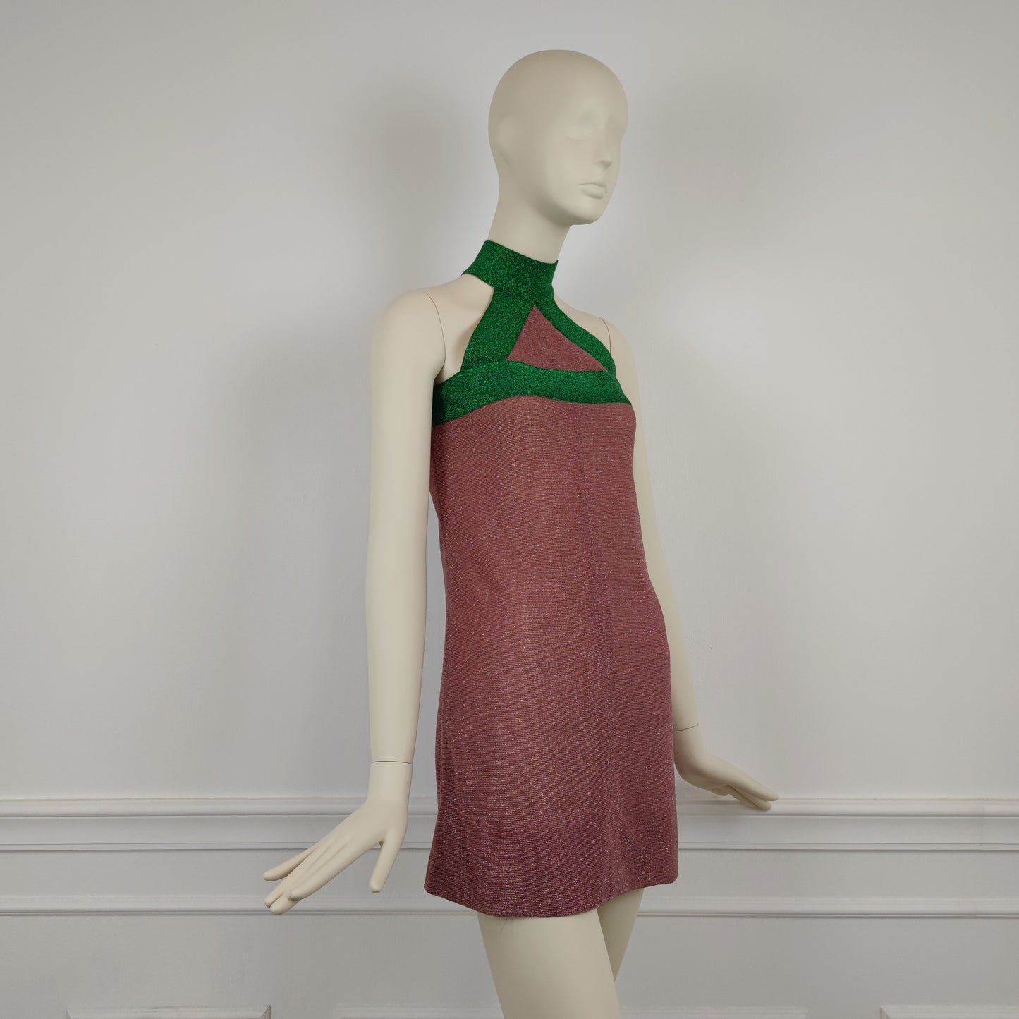 Mini abito Missoni Emmanuelle Khanh 1966 lurex verde e rosa